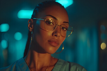 Confident woman wearing glasses and scrubs in dramatic teal lighting, with a serious expression, captured in a cinematic, modern portrait style.
