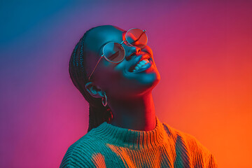 Vibrant portrait of a joyful woman wearing sunglasses and a sweater, smiling brightly under bold neon lighting in blue, pink, and orange hues for a modern, expressive look.
