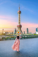 Tourists sightseeing on Lujiazui of Shanghai, China.