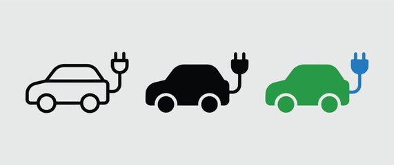 Electric Vehicles in Different Colors with Charging Cables in Simple Line Art Style for Eco-Friendly Transportation