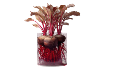 PNG of A vibrant display of beetroot plants with lush green leaves and exposed red roots in a clear glass container.