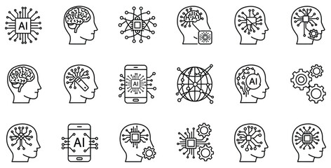 Collection of outline icons representing artificial intelligence machine learning neural networks and human brain technology