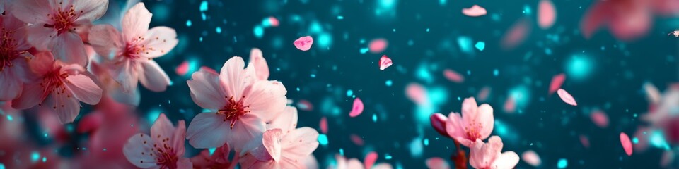 Spring cherry blossom illustration banner background in teal and pink with place for text