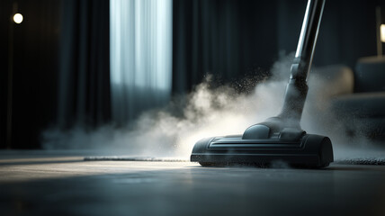 The vacuum cleaner is in action, strong suction power sucks up the dust.