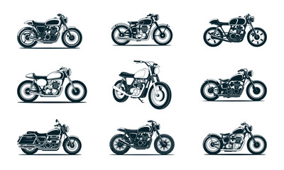 A collection of nine distinct motorcycle illustrations, showcasing various styles and designs.