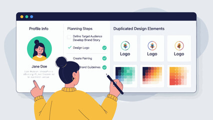 Woman designing a website interface with profile information and design elements.