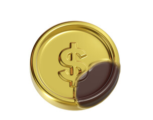 3D realistic chocolate coin unwrapped in gold foil.