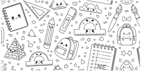 Adorable black and white seamless pattern featuring cute kawaii school supplies and geometric shapes for coloring pages