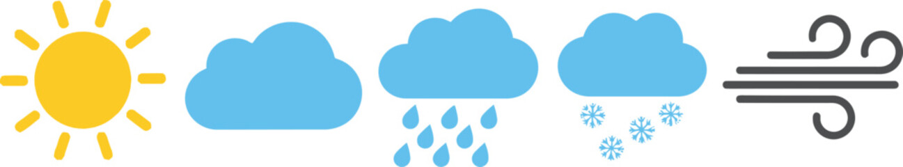 Flat vector set of 5 weather symbols sun cloud rain snow and wind
