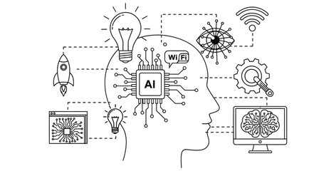 Outline illustration of artificial intelligence concepts connecting mind circuits technology and innovative ideas on white background