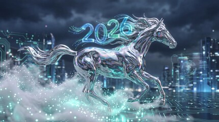Futuristic chrome horse running across a PCB ground with fiber optic 2026 text, symbolizing innovation, data transfer speed, and the New Year's technological outlook.