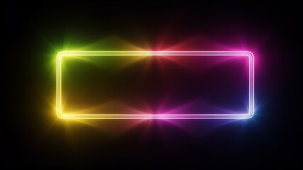 Glowing Multi-Color Neon Frame with Bright Starburst Light Flares on Dark Background