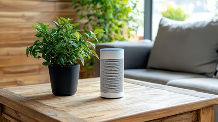 Modern Smart Speaker on Wooden Table in Cozy Living Room Setup