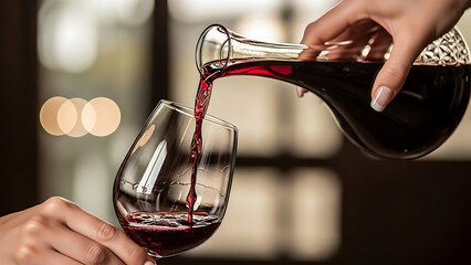 Pouring red wine into a glass from a decanter