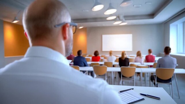 Leadership in the Classroom: An instructor, viewed from behind, guides a group of attentive learners in a well-lit classroom, the embodiment of education.