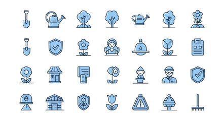 Set of gardening and nature icons shovels watering cans trees flowers © Agusta