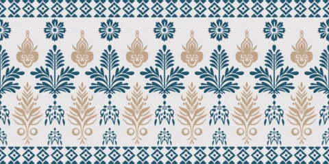 Fototapeten Afrikanische Motive African boho paisley floral embroidery Ikat border pattern with ethnic Indian and Aztec influences. Seamless ethnic Ikat floral motifs featuring ornamental embroidery details, inspired by traditional  © supachai