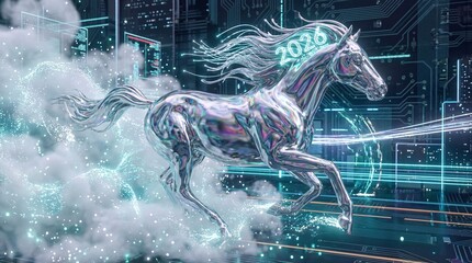 Dynamic Chrome Horse galloping through a futuristic digital circuit board landscape, symbolizing the Year 2026, technology, speed, finance, AI, and transformation.