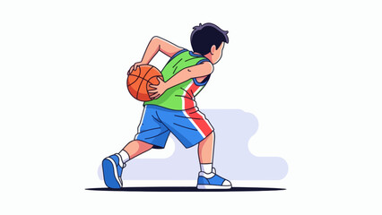 Young boy playing basketball with intense focus and determination on the court.