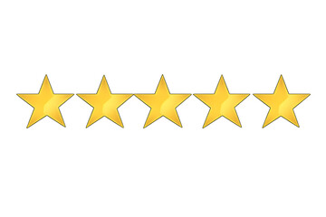 A row of five shiny golden stars symbolizing excellence, high rating, or top performance, displayed on a transparent background.
