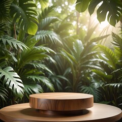 Fototapeta premium 3D rendered wooden podium with green tropical leaves for product display.