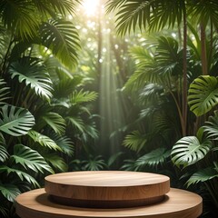Obraz premium 3D rendered wooden podium with green tropical leaves for product display.