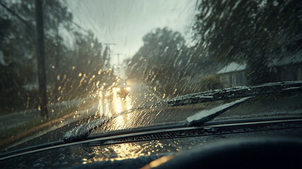 Wide angle view of the front of the car during heavy rain (windshield)
