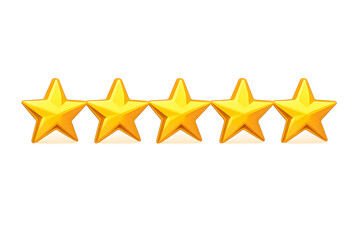 A row of five shiny golden stars symbolizing excellence, high rating, or top performance, displayed on a transparent background.
