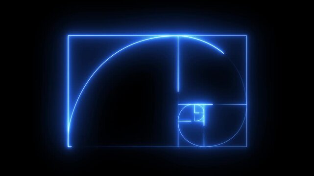 glowing neon Golden Ratio Fibonacci sequence golden number icon on black background. neon Fibonacci spiral golden ratio icon. 4k motion video.