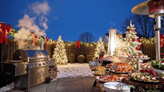 High-End Grill Smoking Holiday Meal on Snowy Patio at Night - Luxury Winter Dinner Party Setup