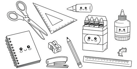 Adorable collection of kawaii style school supplies and stationery items for coloring and learning