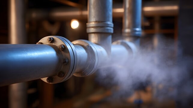 Industrial pipes releasing steam from a joint in a dimly lit factory setting