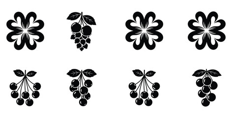 Collection of black and white stylized fruit icons including cherries and abstract floral elements on white background