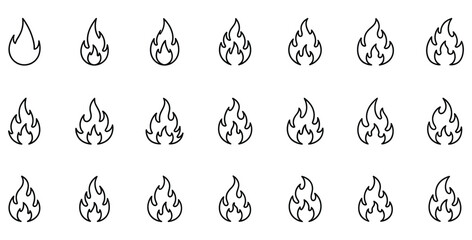 Collection of seventeen simple black outline icons representing various styles of burning fire on white background