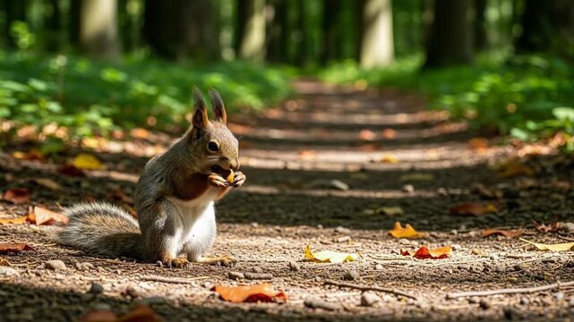 Curious Squirrel on a Leaf-Littered Path in a Sunlit Forest Trail.
