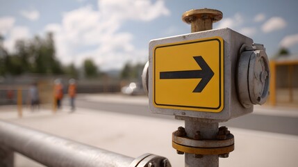 Fototapeta premium A yellow directional sign with a black arrow points right on an industrial pipe system outdoors