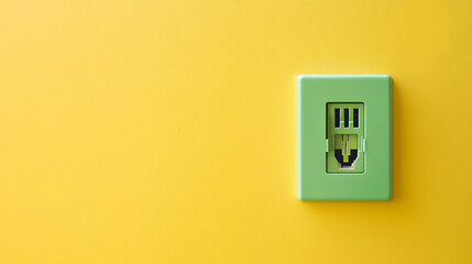 A close-up of a modern green electrical outlet set against a vibrant yellow wall, offering a minimalist yet functional design element for contemporary spaces. Sharp, clean design.