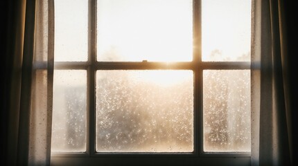 Morning sunlight through foggy window with condensation and warm glow