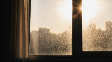 Sunlight through foggy window with blurred city view, cozy morning mood
