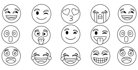 Black and white outline drawing set featuring fifteen different expressive happy face emoji icons for coloring