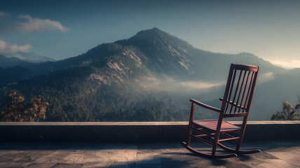 wooden rocking chairs are placed on a beautiful terrace with a mountain backdrop.