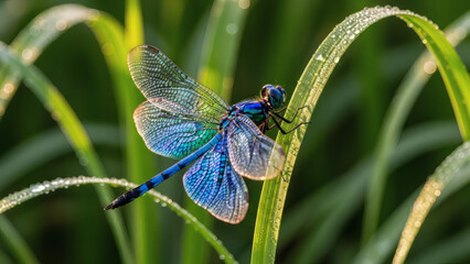 Vibrant blue dragonfly with iridescent wings perched on a wet green grass blade in soft morning light
