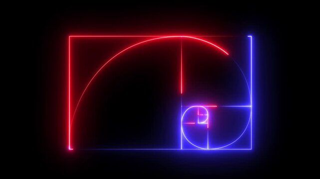 glowing neon Golden Ratio Fibonacci sequence golden number icon on black background. neon Fibonacci spiral golden ratio icon. 4k motion video.