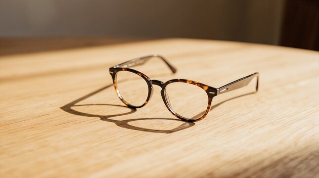 Eyeglasses on wooden table with warm sunlight and soft shadows