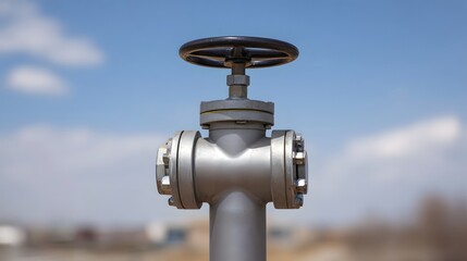 Close up of a silver industrial valve with a black handwheel against a bright blue sky with scattered clouds