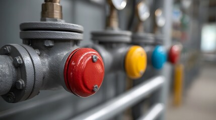 Row of industrial valves with colorful knobs and gauges in a factory