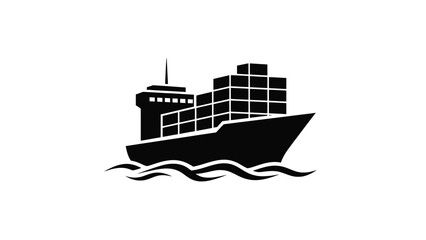 Obraz premium Simple black and white illustration of a cargo ship sailing on water waves