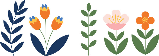 Stylized floral elements set with leaves and flowers flat modern botanical vector illustration