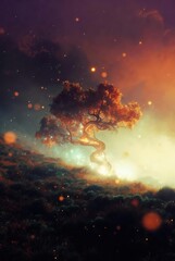 Obraz premium Enchanted glowing tree with vibrant autumn leaves nestled on a mystical hillside under a shimmering twilight sky filled with magical bokeh lights