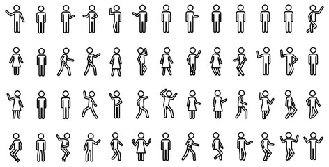 Collection of simple black and white stick figure icons depicting various human actions and poses